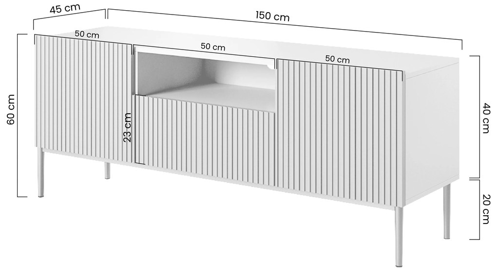 Nicole TV-szekrény 150 cm fiókkal és nyitott polccal - matt fekete / fekete lábak