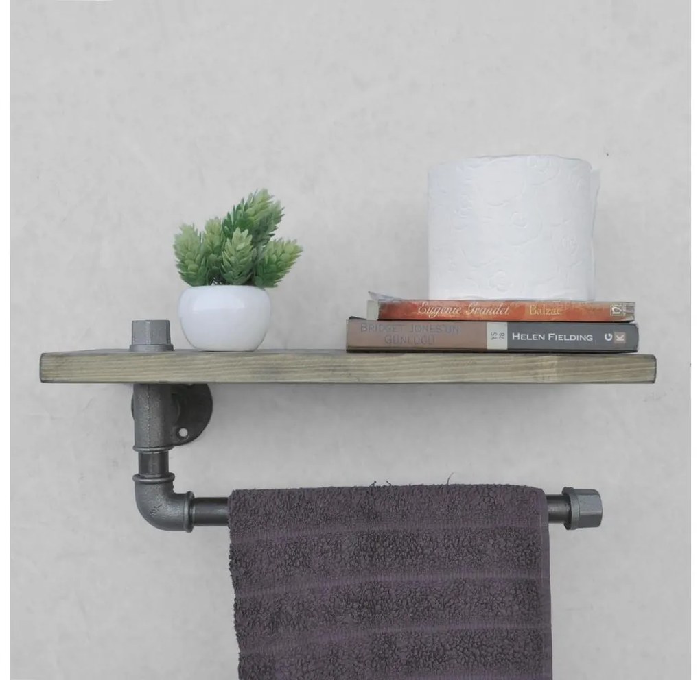 Fali polc törölközőtartóval BORURAF 16x40 cm fenyő/fekete