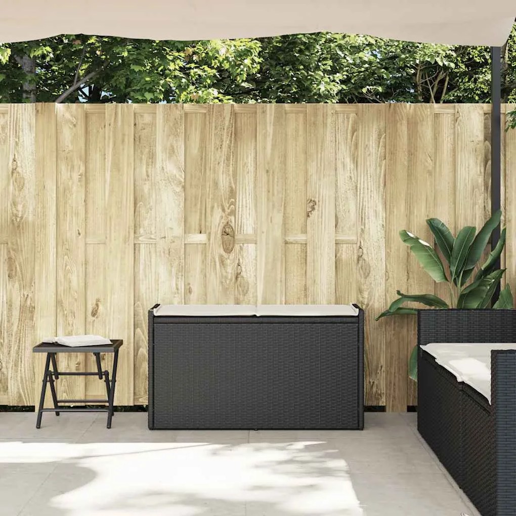 Fekete polyrattan kültéri tárolópad párnával 100 cm