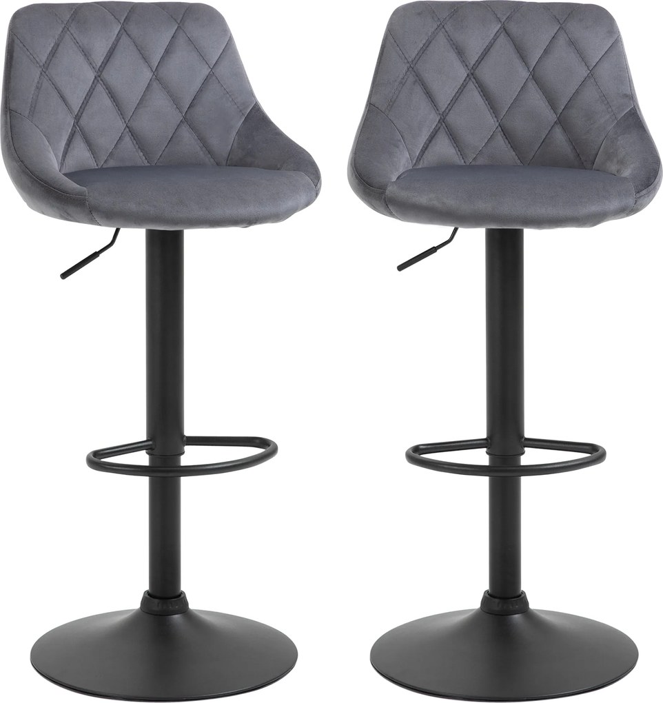 HOMCOM 2 db Bárszék Magasságállító Mechanizmussal, Fém Alap és Műbőr Ülés, Modern Forgószék Háttámmal és Lábpihenővel, 46x48x83-104cm, Szürke és Feket