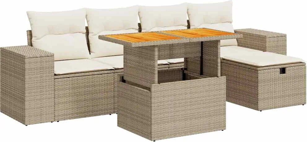 vidaXL 6 részes bézs polyrattan akácfa kerti ülőgarnitúra párnával