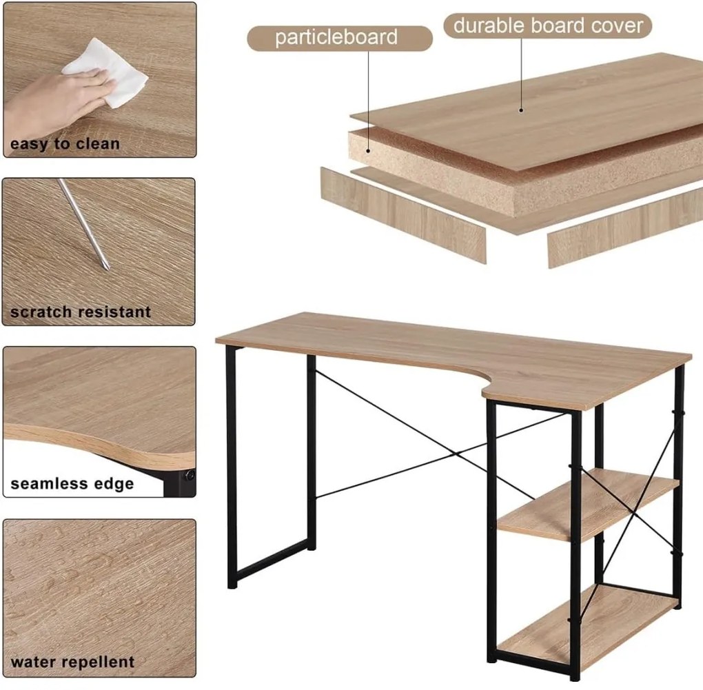 Intenso Home L alakú sarok íróasztal / számítógépasztal polcokkal 120x73cm | Masszív fém váz, fekete - Sonoma tölgy szín