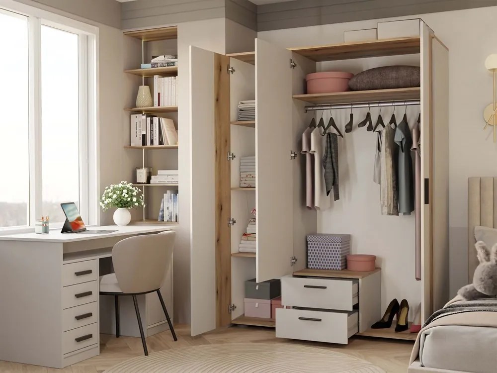 Ava 150 gardróbszekrény, 150 cm, tükörrel, 2 fiók, bordázott front, tölgy - kasmír