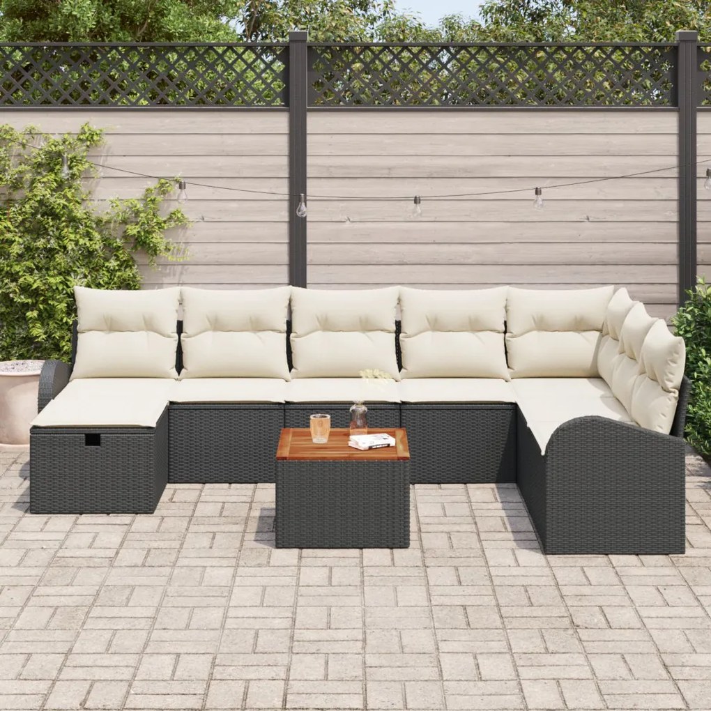 9 db-os Kert Sofa Szett Párnákkal Fekete Poli Rattan