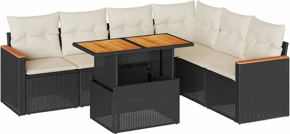vidaXL 7 részes fekete polyrattan akácfa kerti ülőgarnitúra párnával