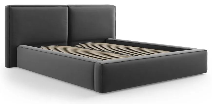 Sötétszürke bársony kárpitozott ágyneműtartós franciaágy ágyráccsal 180x200 cm Arendal – Cosmopolitan Design