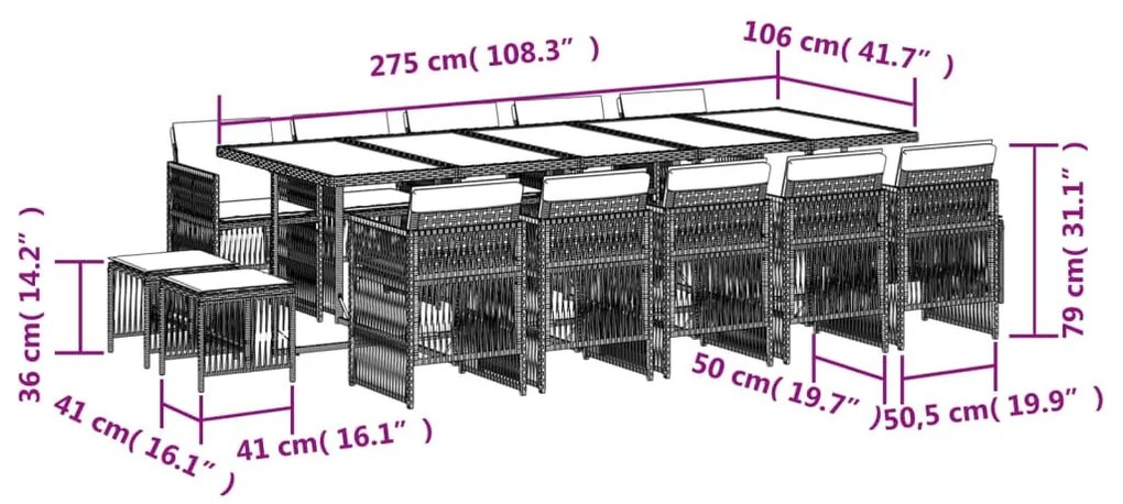 vidaXL 15 részes fekete polyrattan kerti étkezőgarnitúra párnákkal