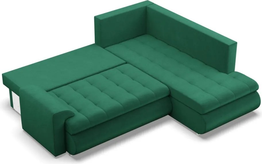 Tokio sarokkanapé, L alakú háttámlával, 2 ágyneműtartóval, bársony, jobboldali, zöld