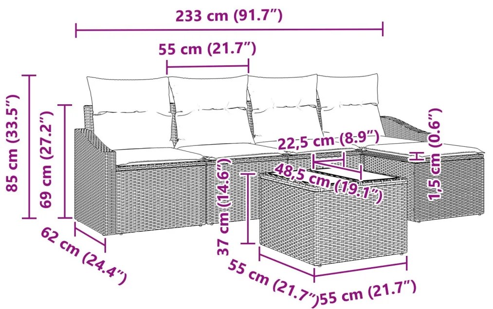 6 Darabos Kert Kanapészett Párnákkal Szürke Poli Rattan