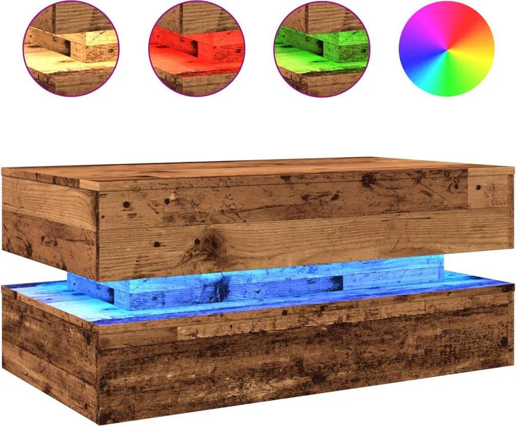 vidaXL antik fa színű dohányzóasztal LED-lámpákkal 90x50x40 cm