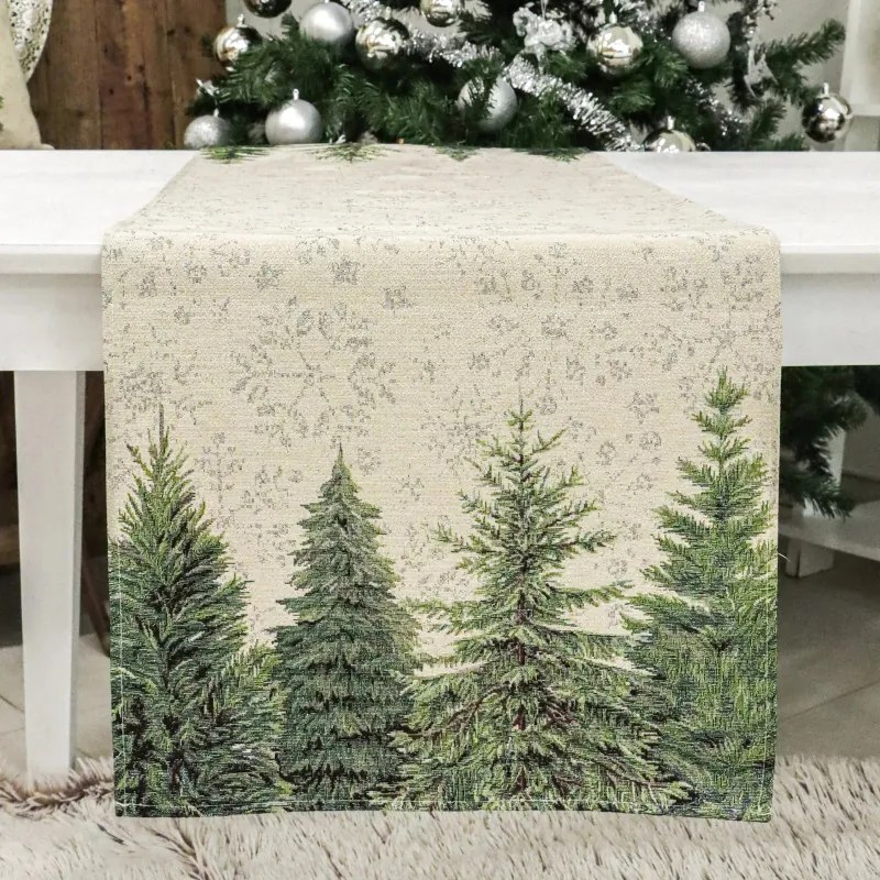 Ezüsfenyőerdős és hópehely mintás, ezüst lurexes gépi gobelin asztali futó, 44 x 140 cm