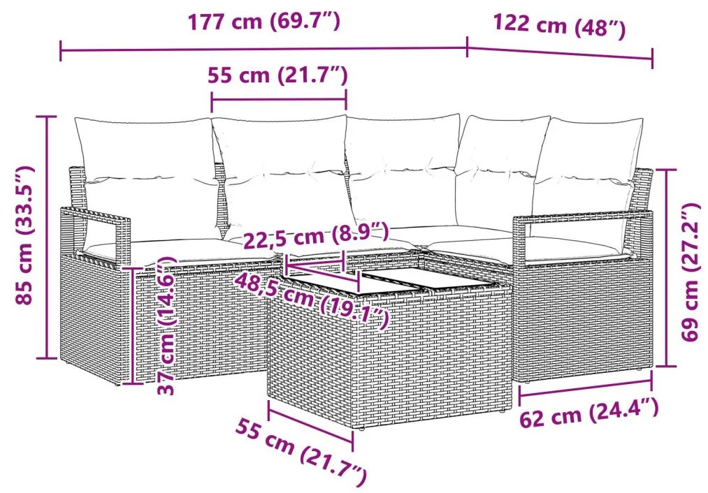 4 darabos kert kanapé szett párnákkal szürke poly rattan, 2 személyes kert kanapé párnákkal barna poly rattan