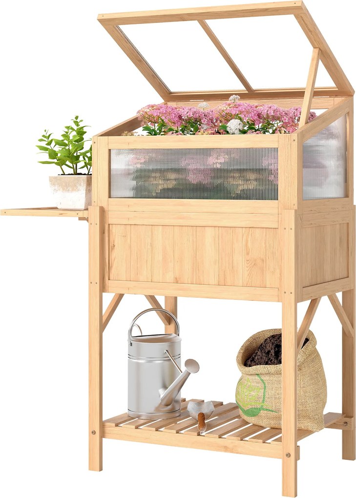 Outsunny emelt virágágyás hidegfedéllel — emelt fenyőláda összecsukható oldalpulttal és tárolópolccal, 104 x 50 x 120 cm — natúr | Aosom