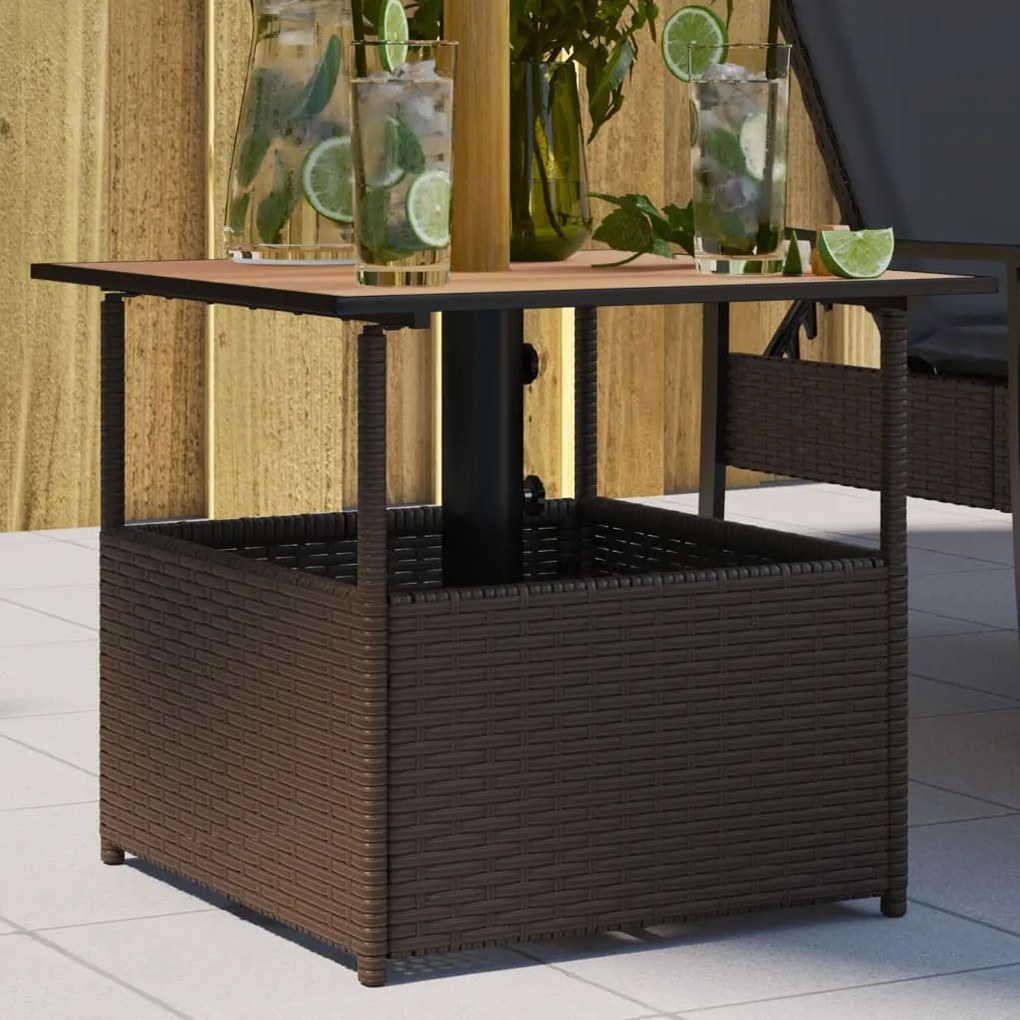 vidaXL barna polyrattan kerti asztal napernyőlyukkal 55x55x46,5 cm