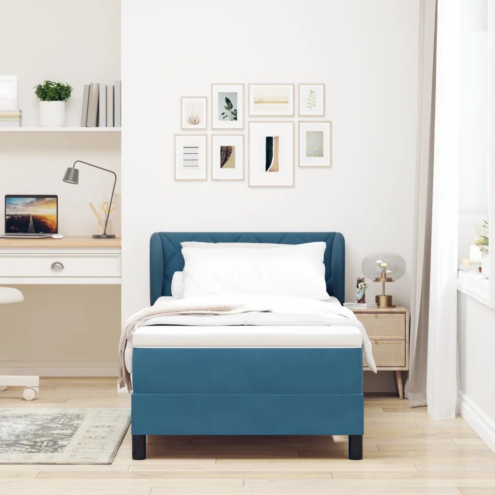 Boxspring Ágy Matraccal Sötétkék 90x200 cm Bársony