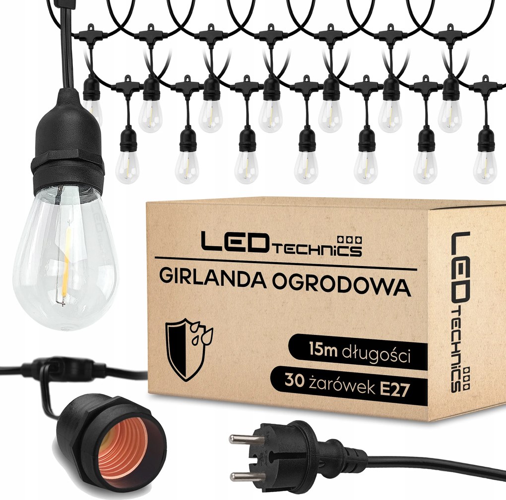 Kültéri Kerti Fényfüzér 15m Izzó 30x E27 Led Lámpa