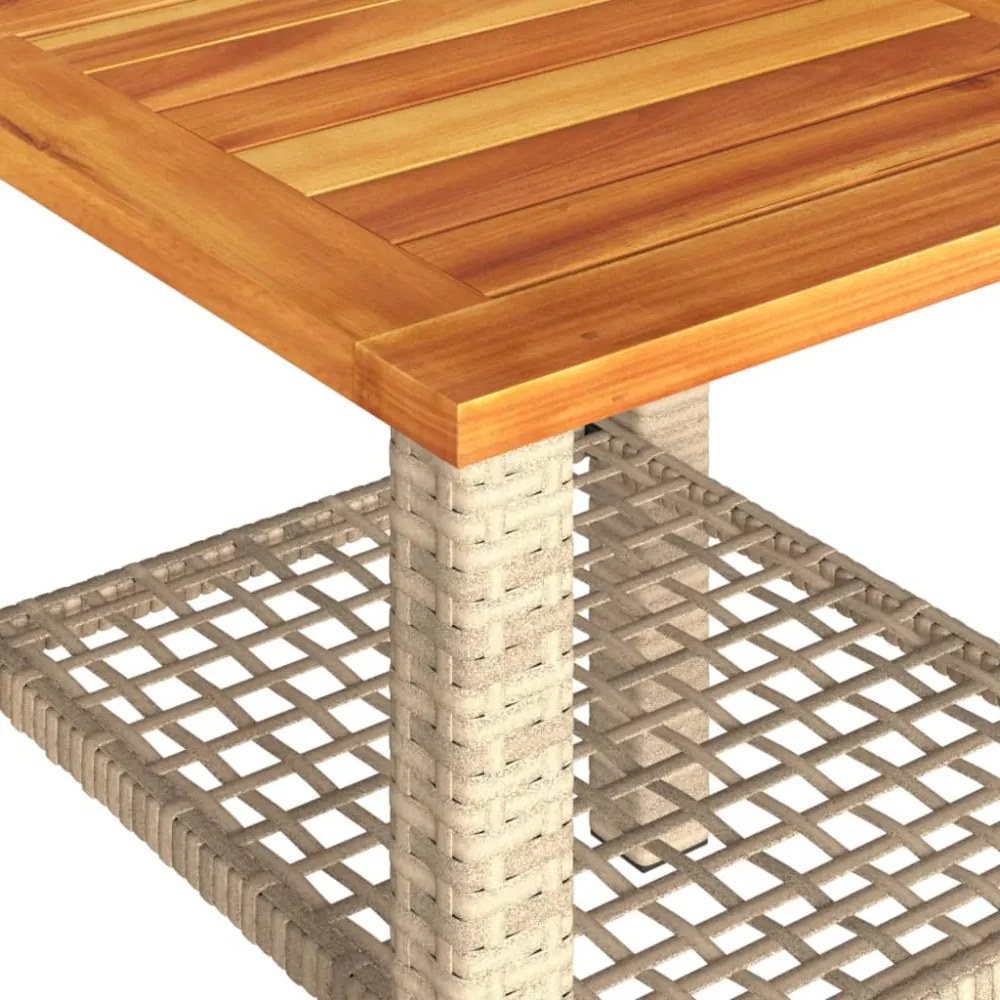 bézs polyrattan és akácfa kerti asztal 40 x 40 x 42 cm