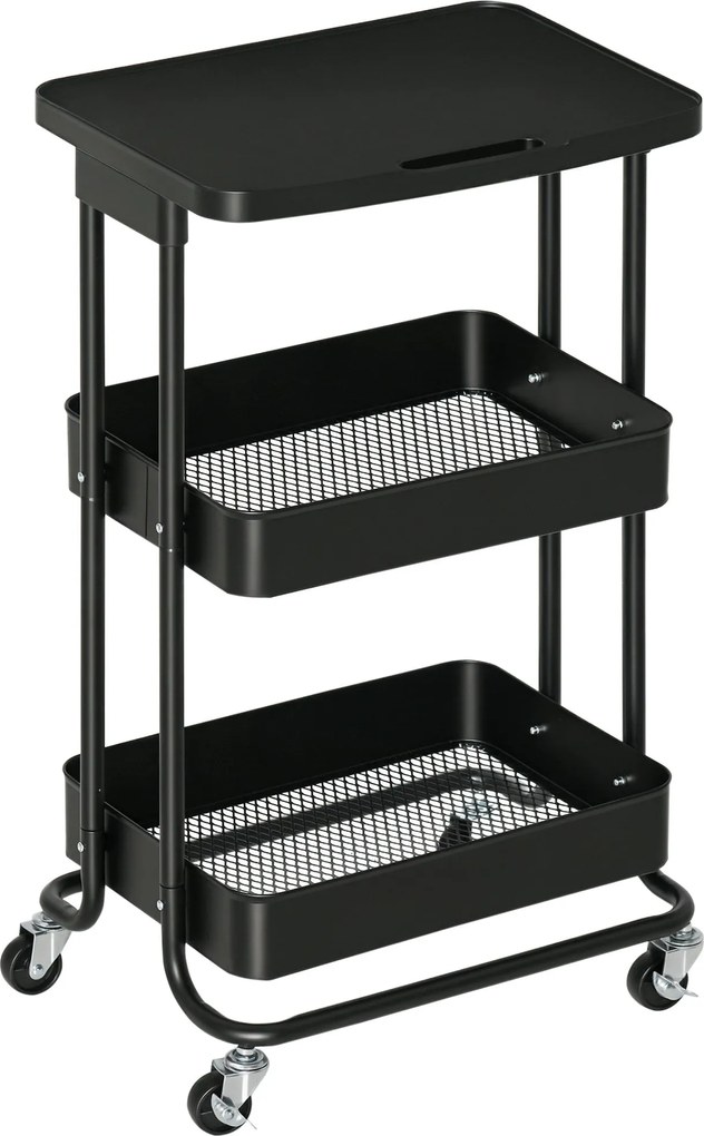 HOMCOM 3-Tier Konyhai Kocsi Kerekekkel Tároló Trolley Fékezhető Fürdőszobába, Nappaliba, Hálószobába, Irodába 46x34.5x76.5 cm Fekete | Aosom
