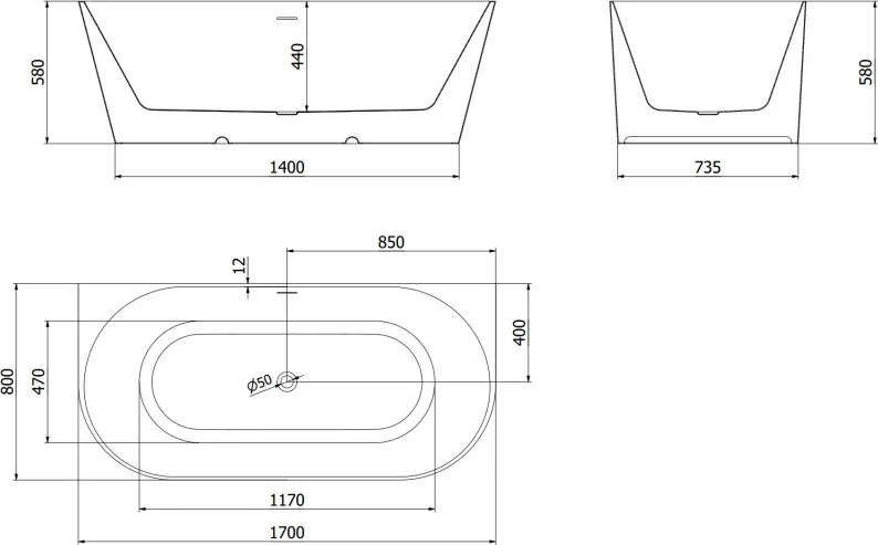 Mexen Oval Slim szabadon álló fali kád 170 x 80 cm, fehér, fehér túlfolyó - 52661708000-20