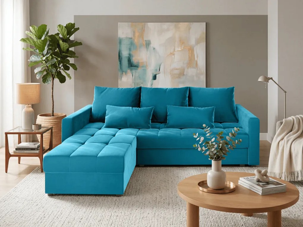 Kék kihúzható sarokkanapé ZENOVA 220 x 140 cm, kétoldalas