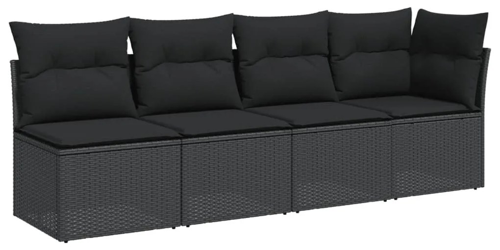 4 személyes fekete polyrattan kerti kanapé párnával