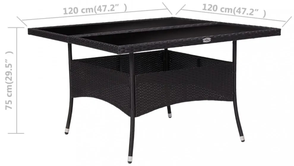 fekete polyrattan és üveg kültéri étkezőasztal