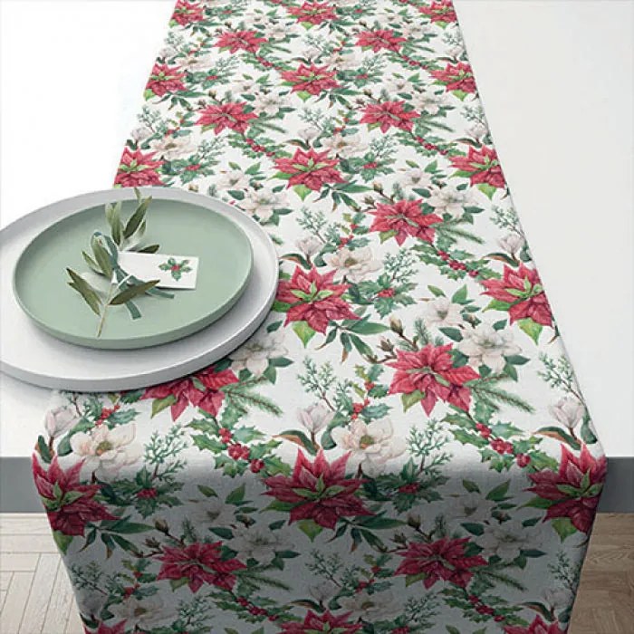 Karácsonyi mikulásvirág asztali futó 40x150 cm pamut Christmas florals