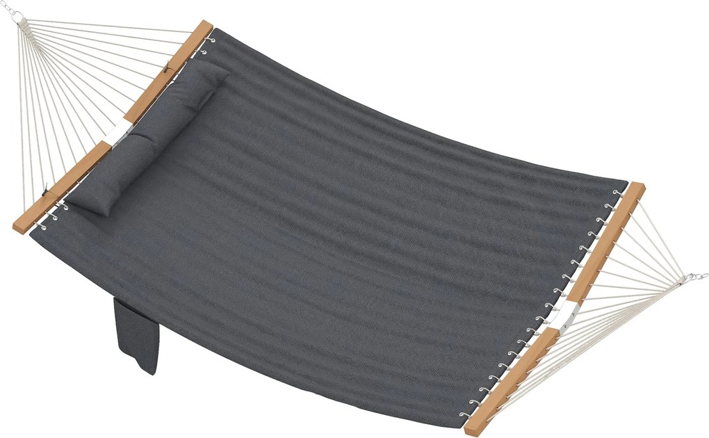Outsunny kétszemélyes steppelt kültéri függőágy fejpárnával, újságtartóval és bükkfa szétfeszítőrudakkal, 200 x 140 cm — szürke | Aosom