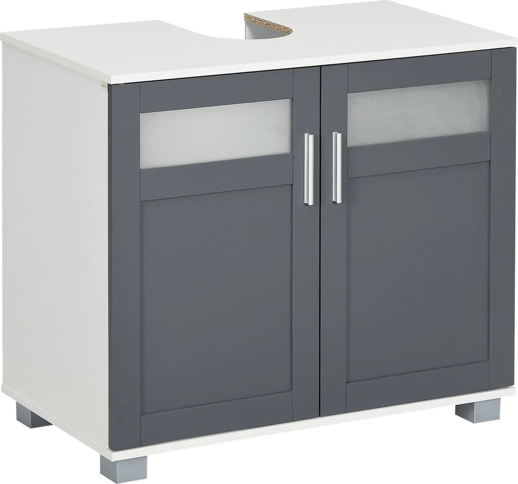 Kleankin Mosdó Alatti Szekrény Két Temperált Üvegajtóval és Állítható Polccal 69x35x59 cm Fehér és Szürke | Aosom