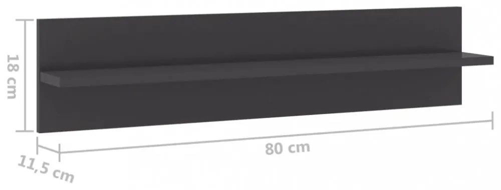 4 db magasfényű szürke szerelt fa fali polc 80 x 11,5 x 18 cm