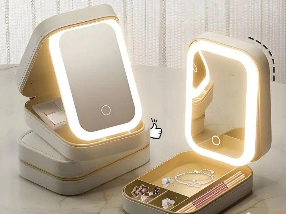 Utazó kozmetikai rendszerező beépített LED tükörrel és USB töltővel VERK - zöld