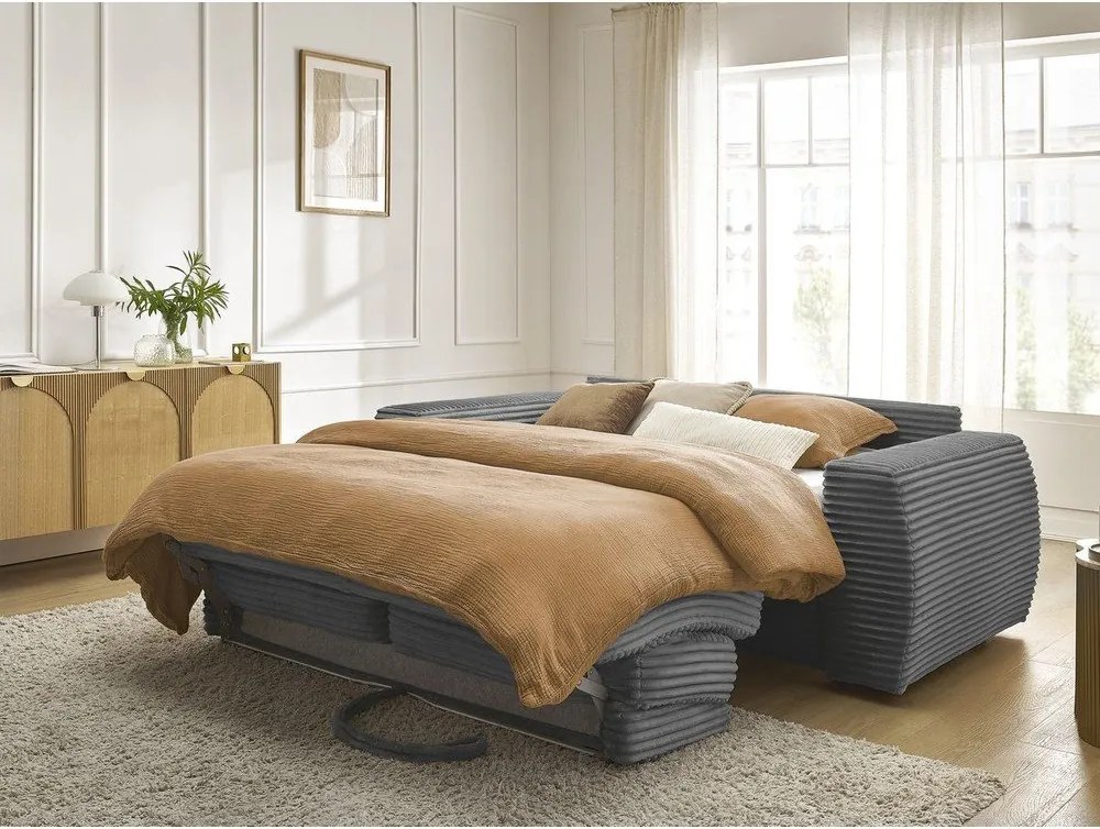 Sötétszürke kordbársony kinyitható kanapé mindennapos alvásra 220 cm Hugo – Bobochic Paris