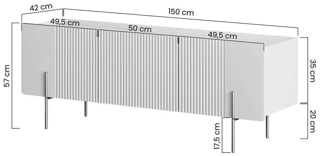 Malmi TV szekrény 150 cm fém lábakon – kasmír / krém bianca / fekete lábak