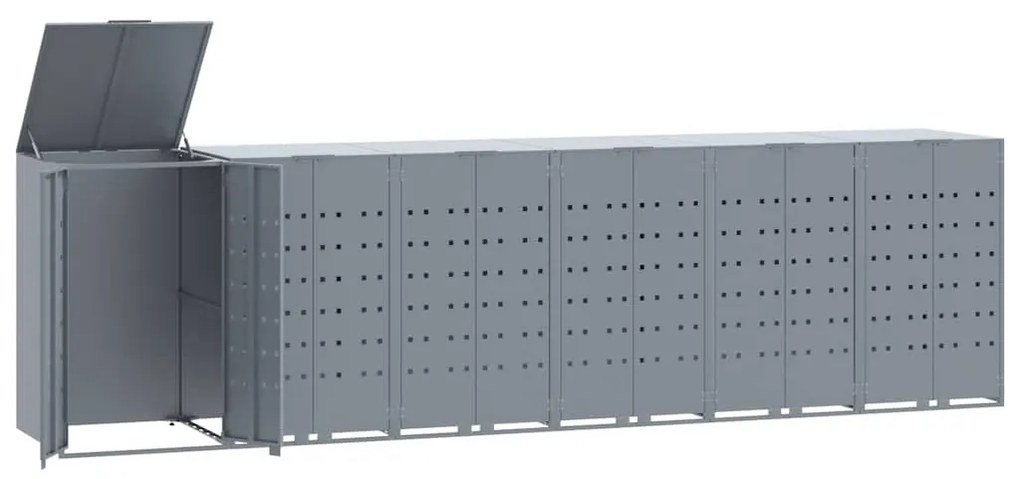 szürke acél kerekes tároló 6 szemeteskukához 414 x 79 x 117 cm