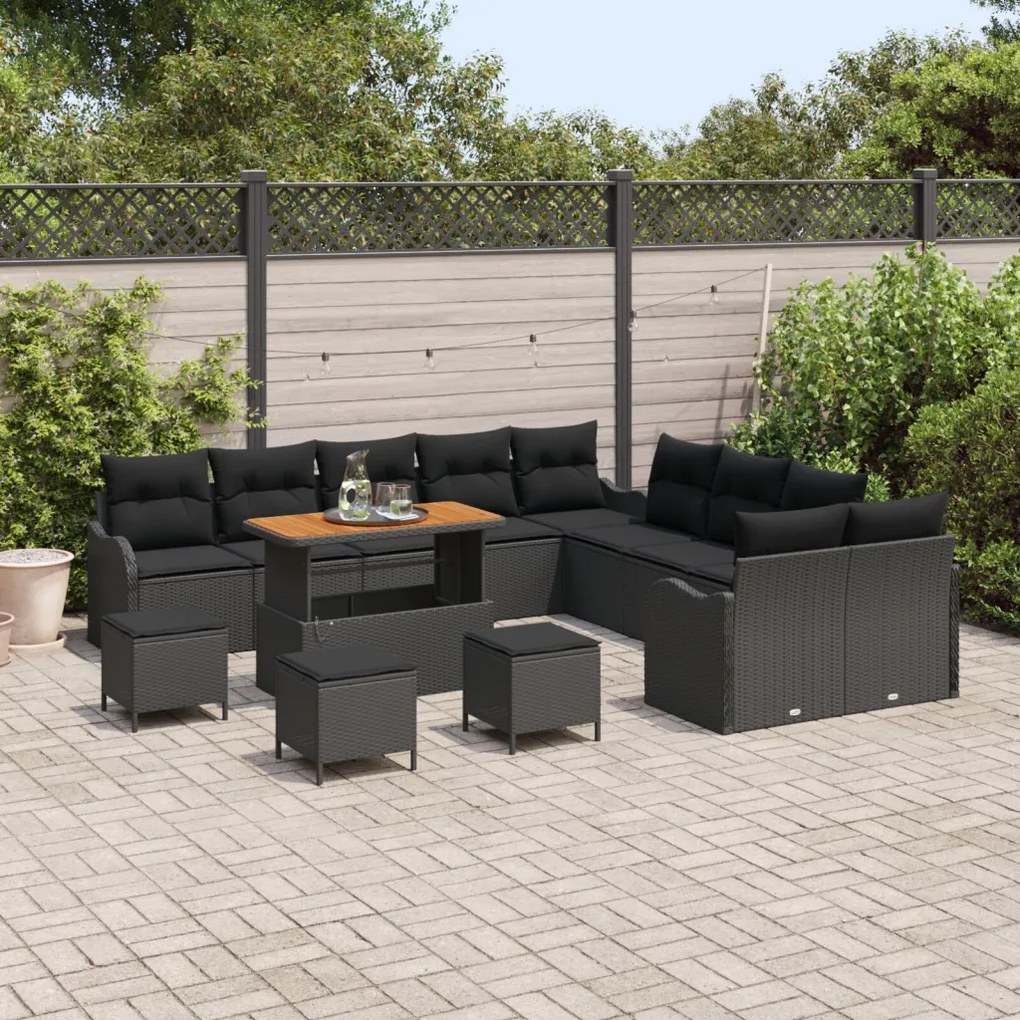 13 Darabos Kert Sofa Szett Párnákkal Fekete Poli Rattan Akác, 2-Fős Kert Sofa Tárolóval &amp; Párnákkal Fekete Poli Rattan, 3 Darabos Kerti Étkezős Szett Párnákkal Fekete Poli Rattan Akác