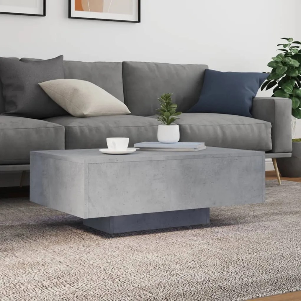 Betonszürke dohányzóasztal LED-lámpákkal 85 x 55 x 31 cm