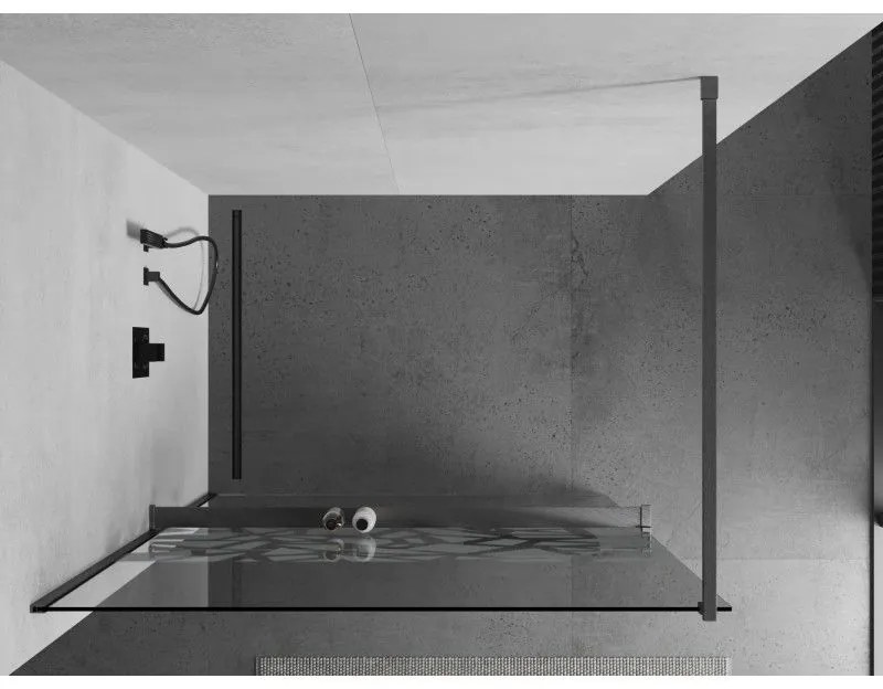 Mexen Kioto+, Walk-In zuhany paraván polccal és akasztóval 130 x 200 cm, 8 mm átlátszó üveg fehér mintás, grafit profil, 800-130-121-66-85