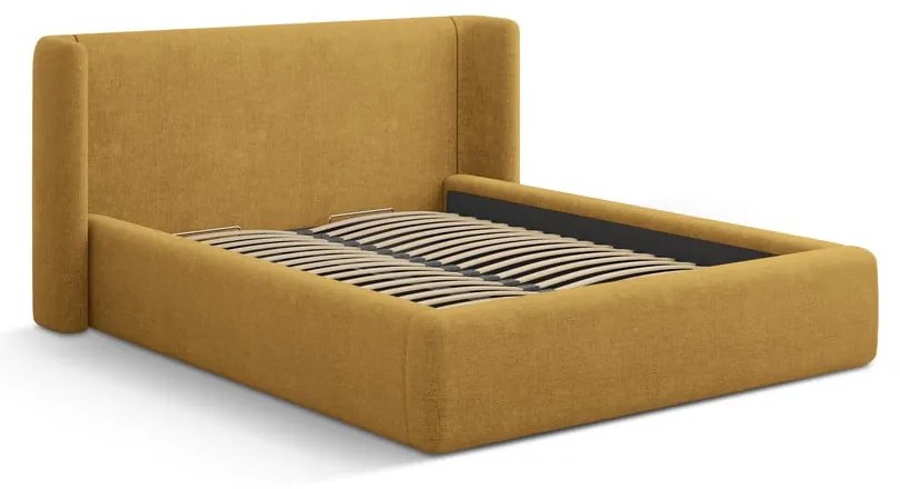 Mustársárga kárpitozott ágyneműtartós franciaágy ágyráccsal 200x200 cm Jason – Windsor & Co Sofas