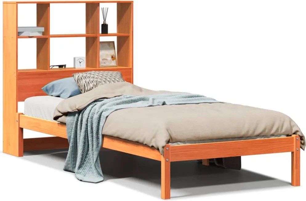 vidaXL barna tömör fenyőfa könyvespolcos ágy matrac nélkül 75 x 190 cm