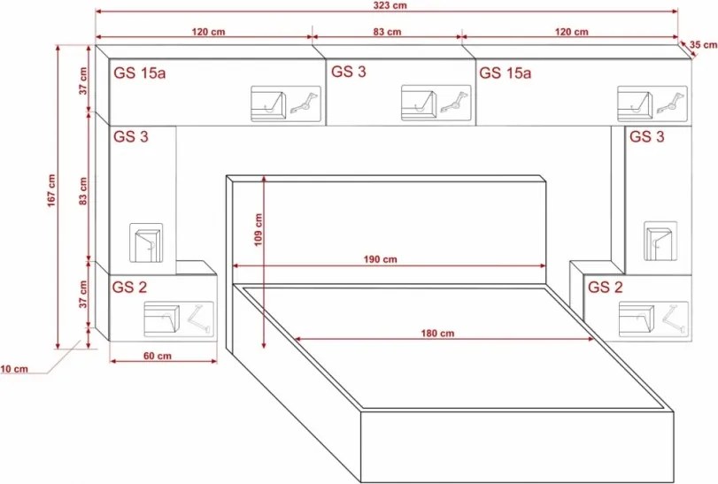 Prince Panama 6 hálószoba bútor magasfényű fekete (323cm)