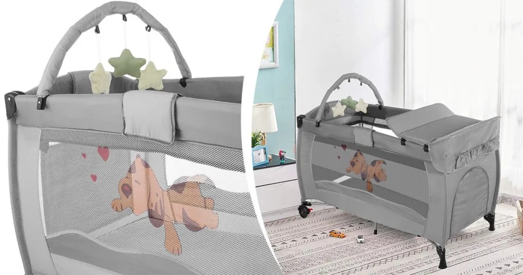 Utazóágy pelenkázó lappal és játékhíddal, szürke