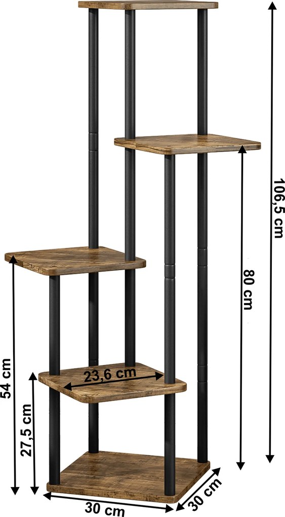 ADITE 5 polcos virágállvány fémvázzal, 30 x 30 x 106,5 cm, rusztikus fa/fekete