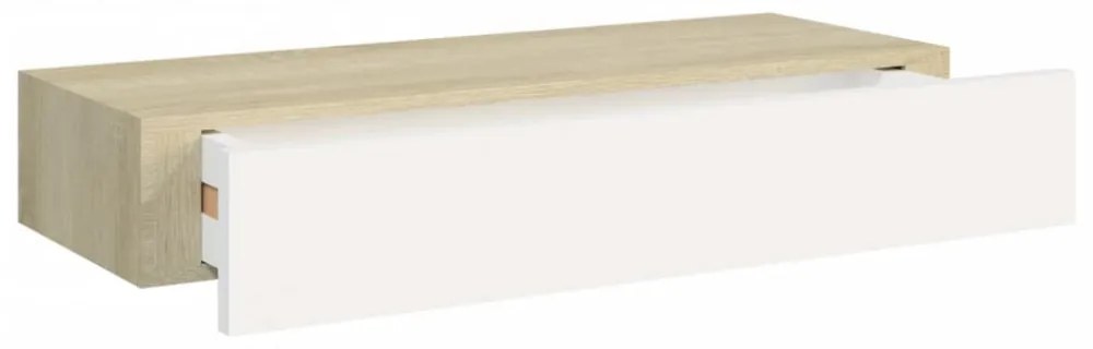 tölgyszínű és fehér MDF fiókos fali polc 60 x 23,5 x 10 cm