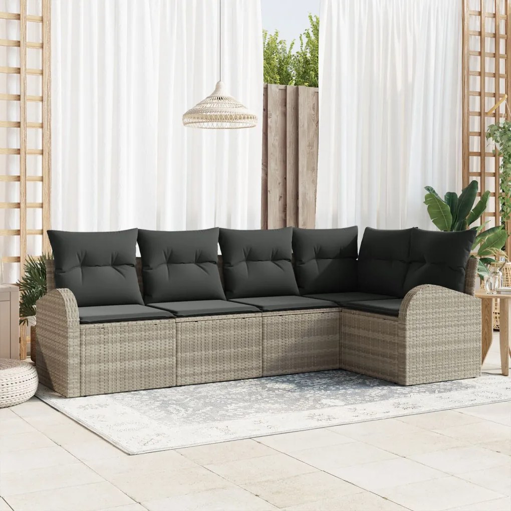5 darabos kertkanapé szett párnákkal világosszürke poli rattan, 2 személyes kertkanapé tárolóval és párnákkal világosszürke poli rattan