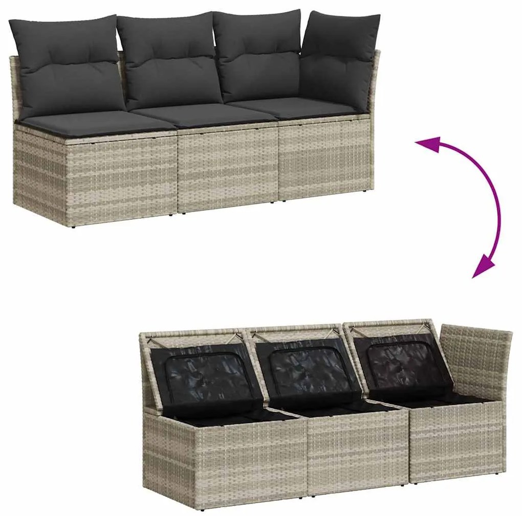 3 személyes világosszürke polyrattan kerti kanapé párnával