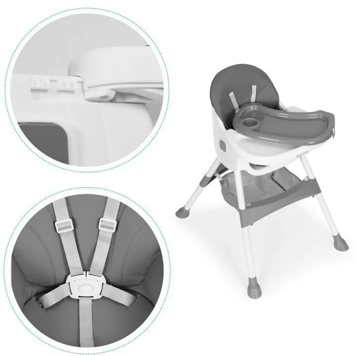 Gyerek etetőszék tálcával és kosárral 5 pontos biztonsági övvel szürke