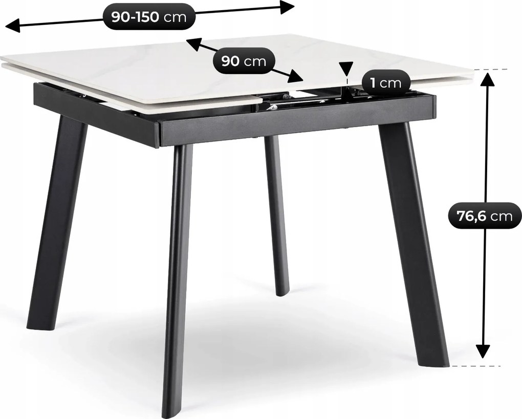 Stół LARES Ceramiczny Rozkładany 90-150 cm Biały Marmur/Czarny