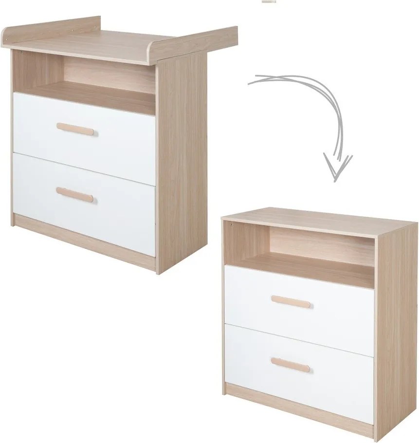 Fehér-natúr színű gyerek komód pelenkázó feltéttel, tölgyfa dekorral 88x98x75 cm Cabane – Roba