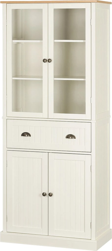 HOMCOM Konyhai Tároló Szekrény 2 Üvegajtóval, 1 Fiókkal és Állítható Polcokkal az Étkezőbe vagy Nappaliba 76x40x182,5 cm Krém | Aosom