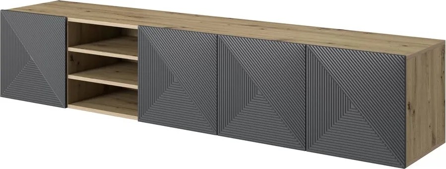 Asha függesztett TV szekrény 200 cm riflázott frontokkal, nyitott fülkével – artisan tölgy / rivier stone matt